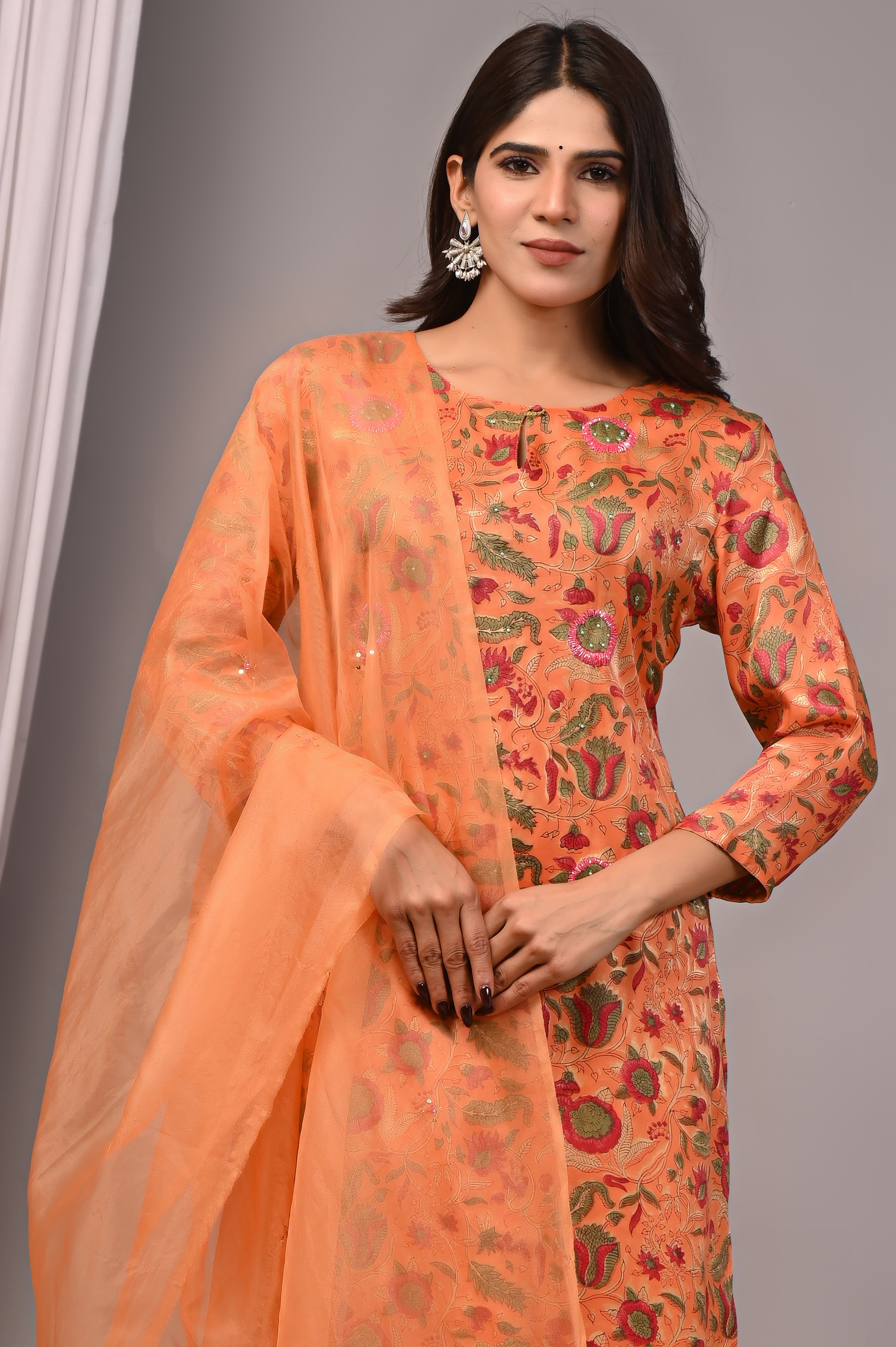Coral Blossom Hand-Embroidered Silk Suit Set