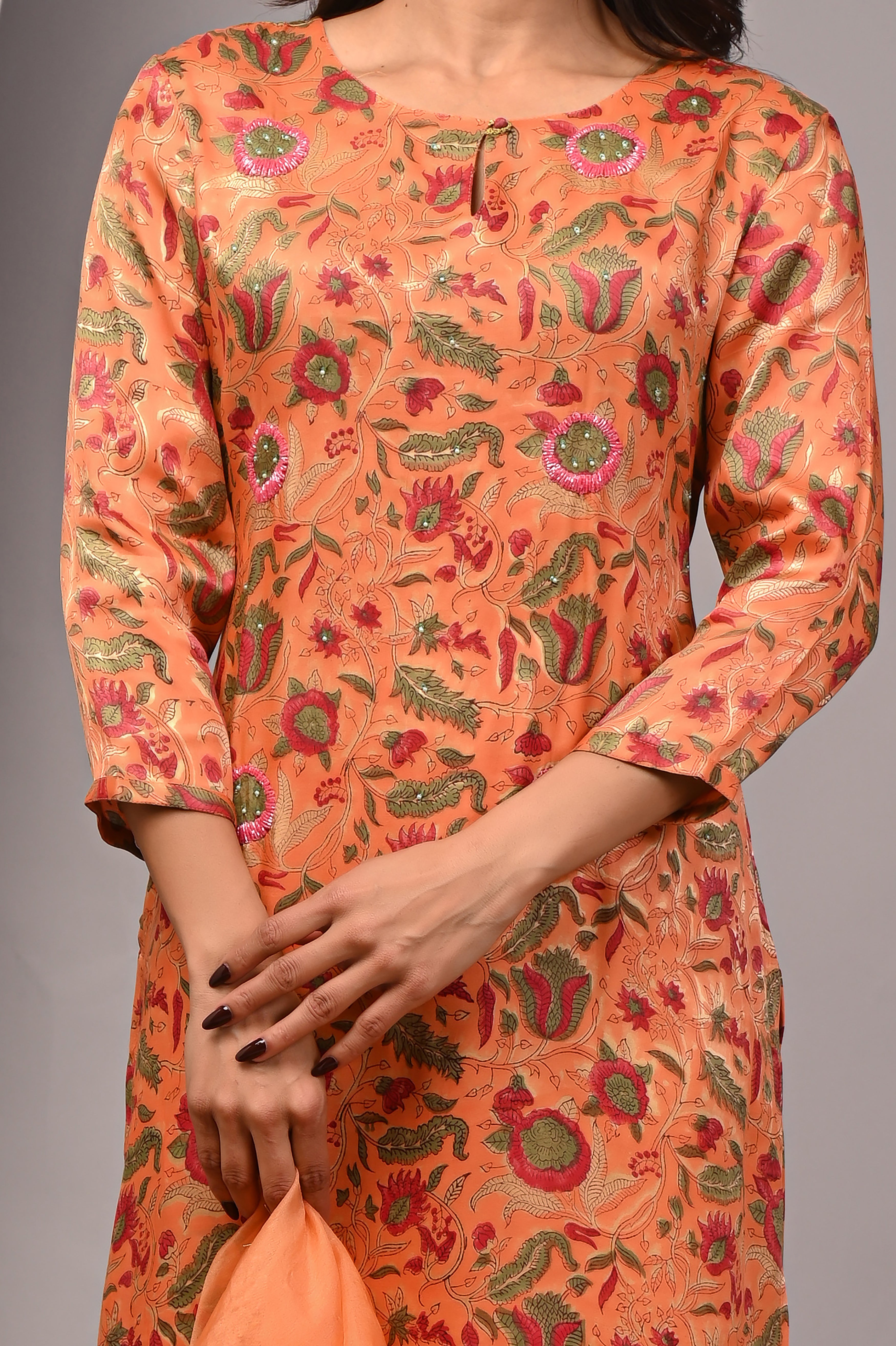 Coral Blossom Hand-Embroidered Silk Suit Set