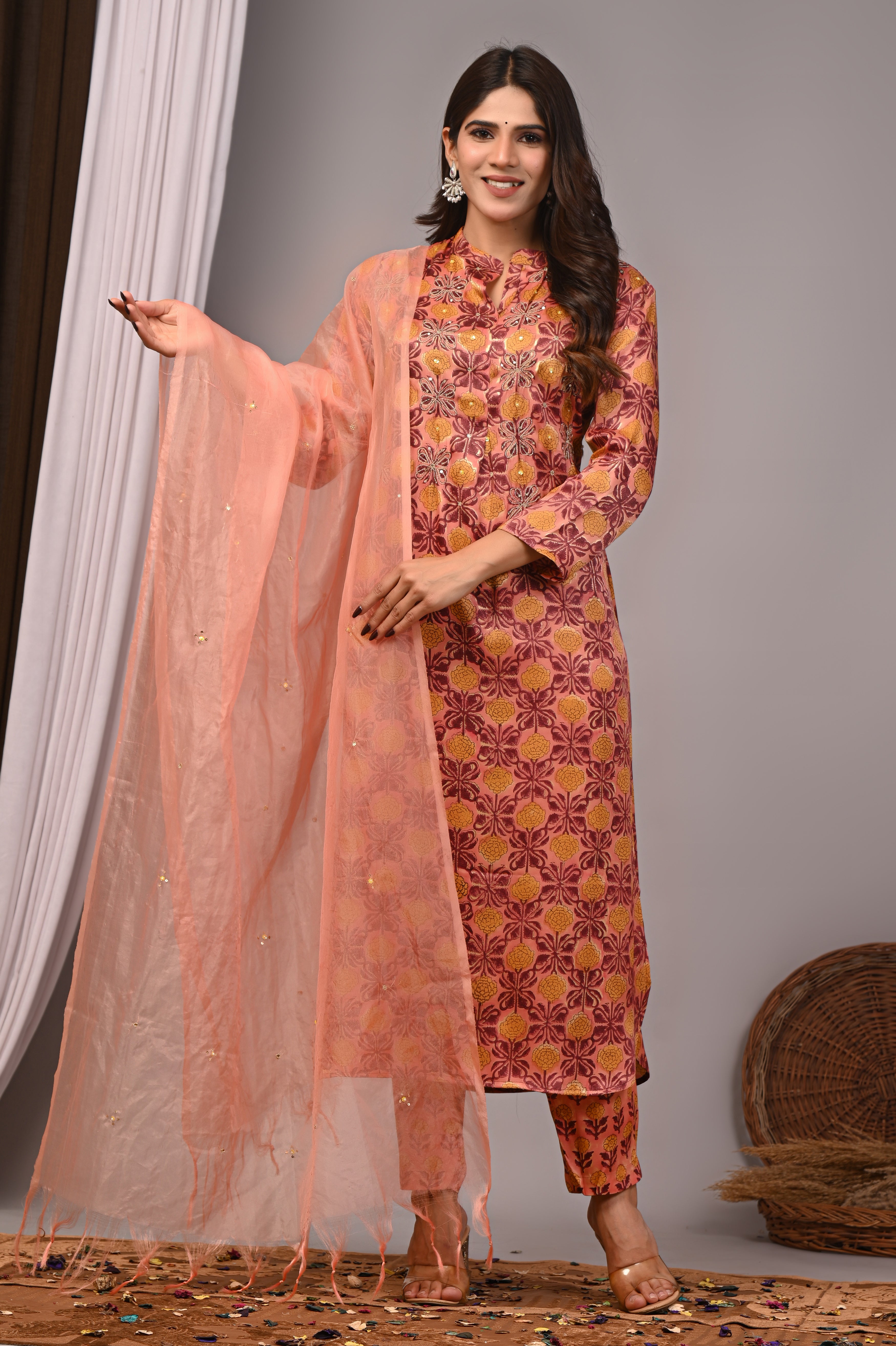 Blush Trellis Hand-Embroidered Silk Suit Set