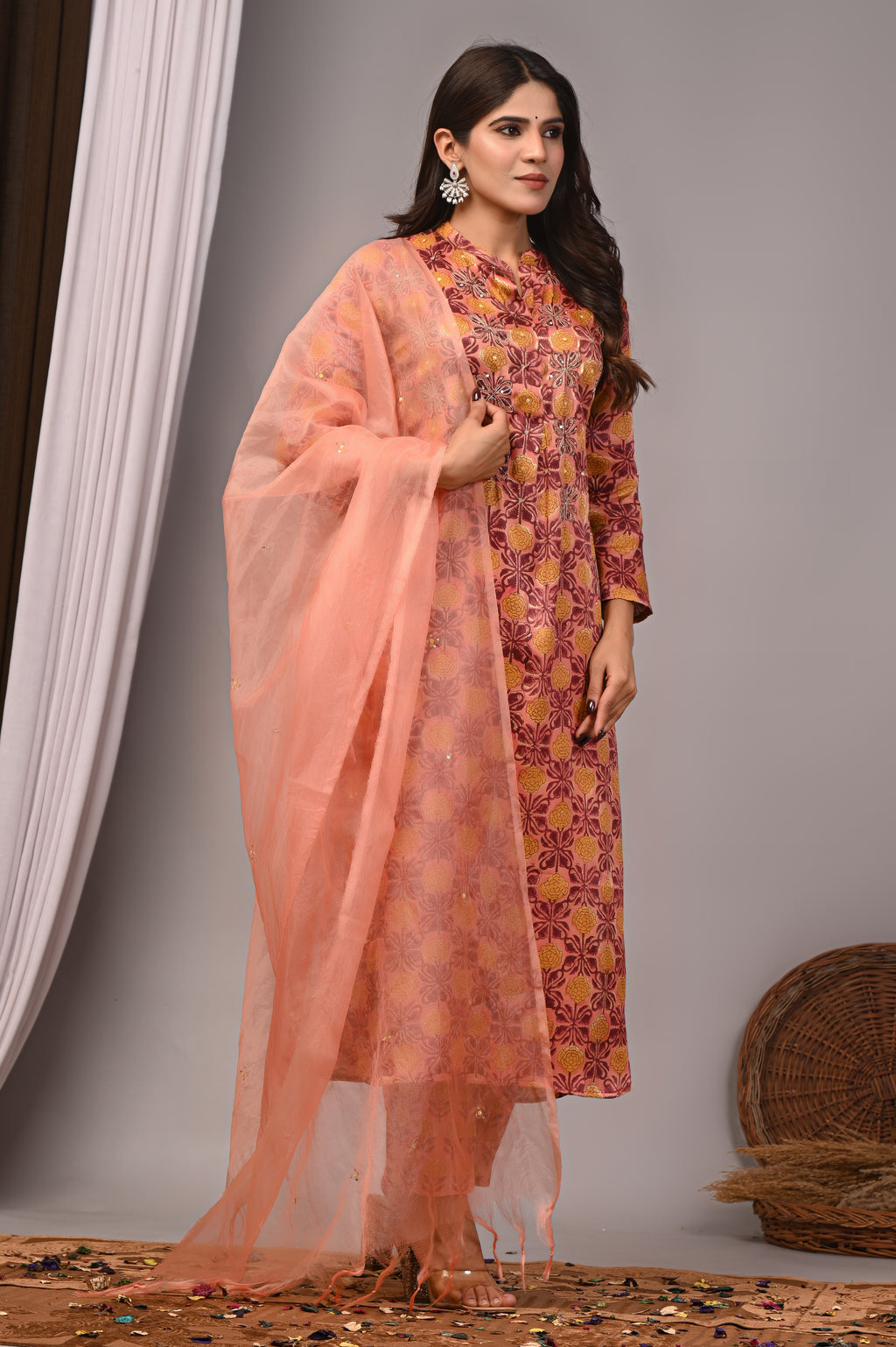 Blush Trellis Hand-Embroidered Silk Suit Set