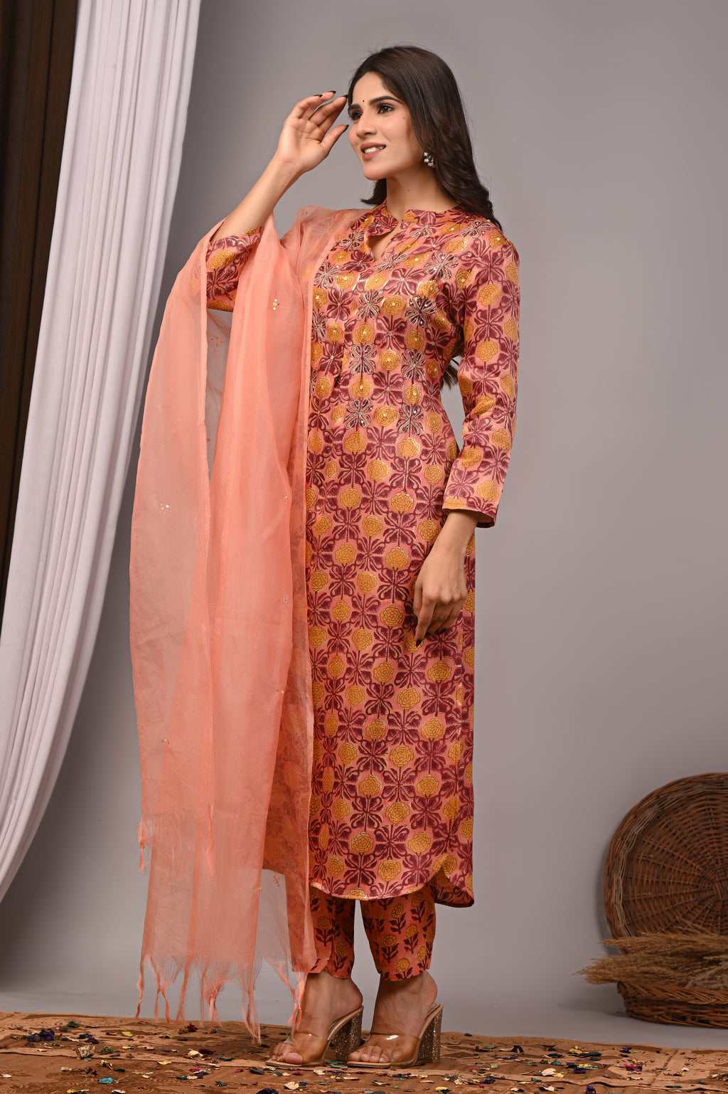 Blush Trellis Hand-Embroidered Silk Suit Set