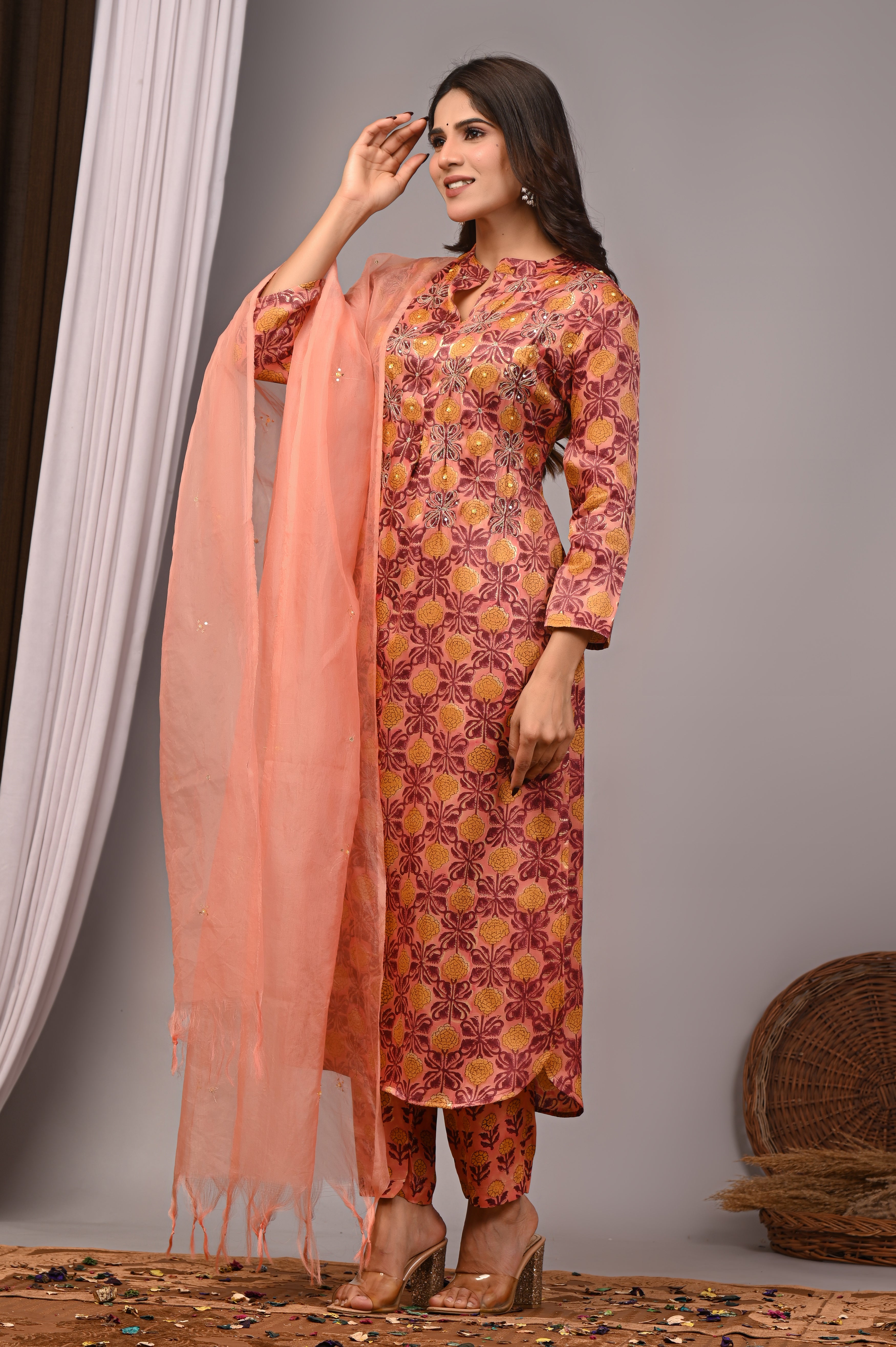 Blush Trellis Hand-Embroidered Silk Suit Set