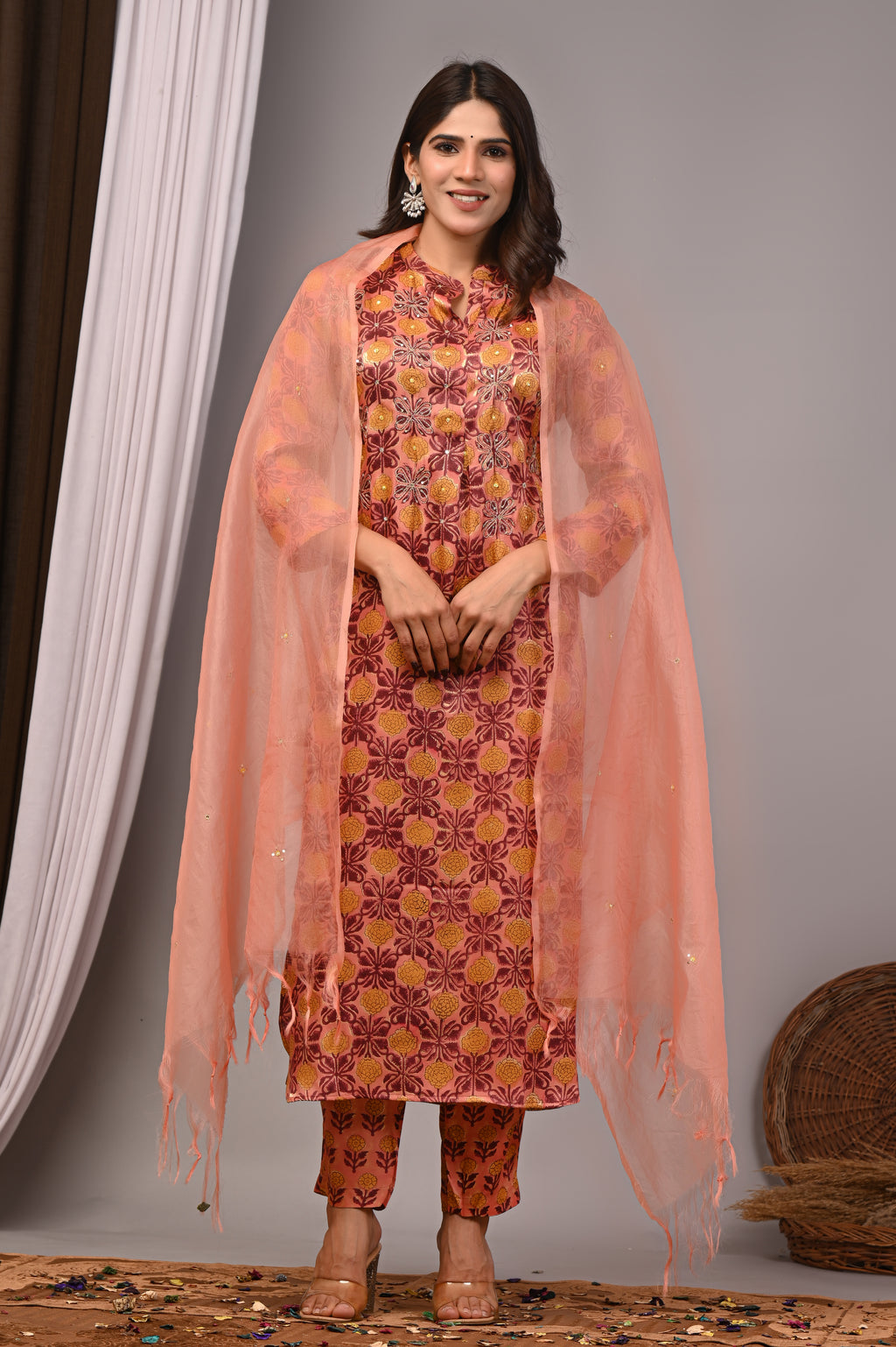 Blush Trellis Hand-Embroidered Silk Suit Set