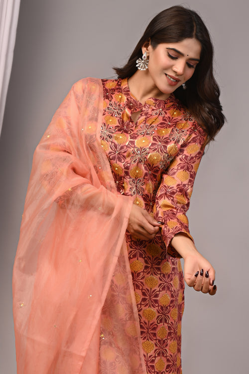 Blush Trellis Hand-Embroidered Silk Suit Set
