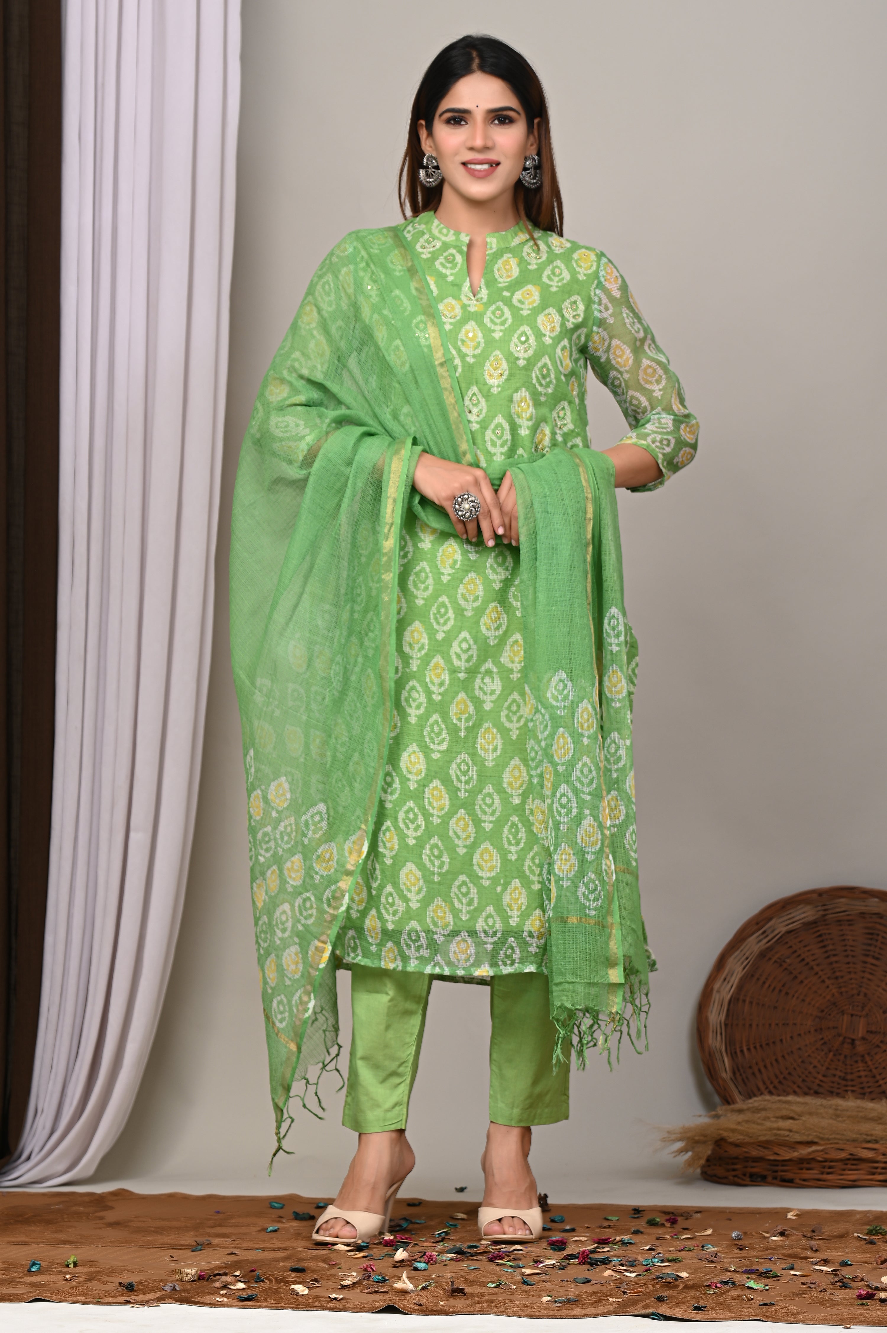 Lime Green Handblock Printed Kota Doria Set