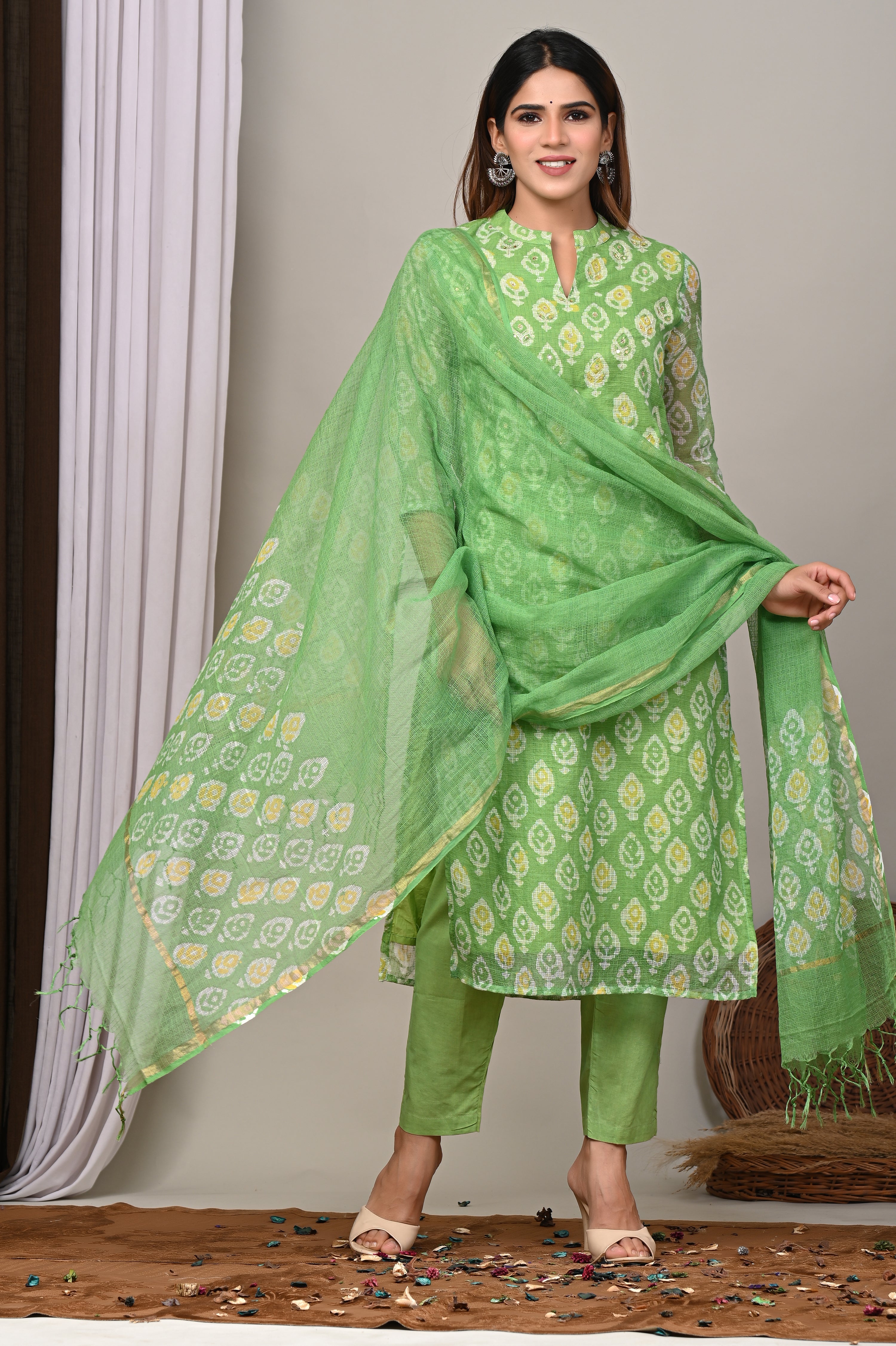 Lime Green Handblock Printed Kota Doria Set