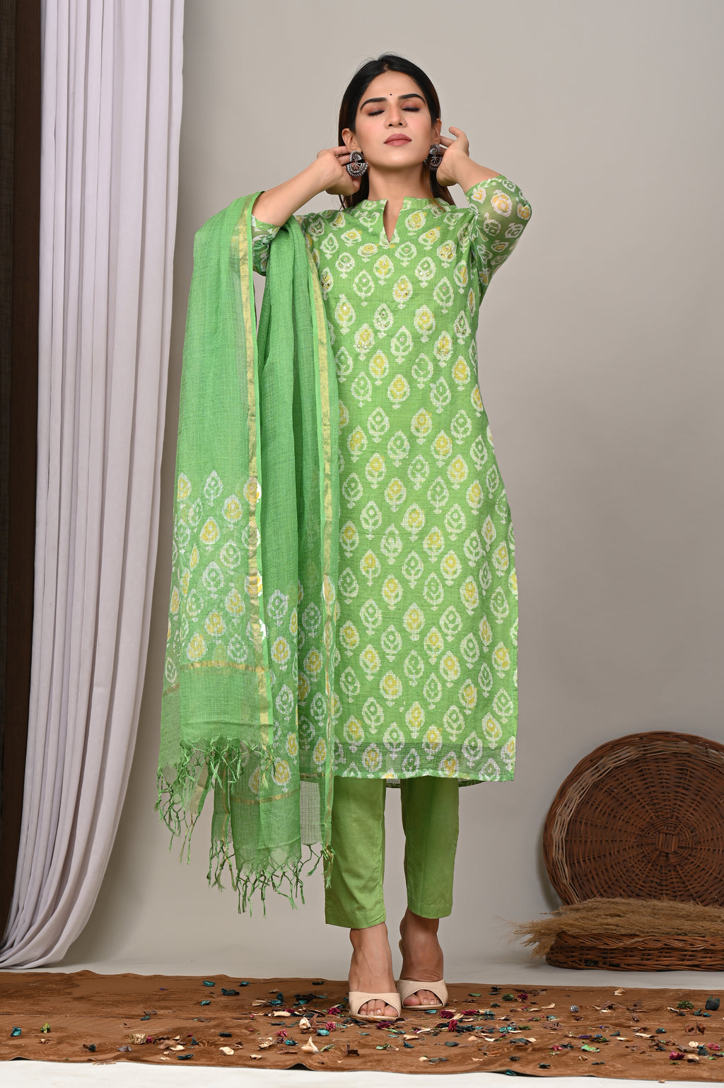 Lime Green Handblock Printed Kota Doria Set