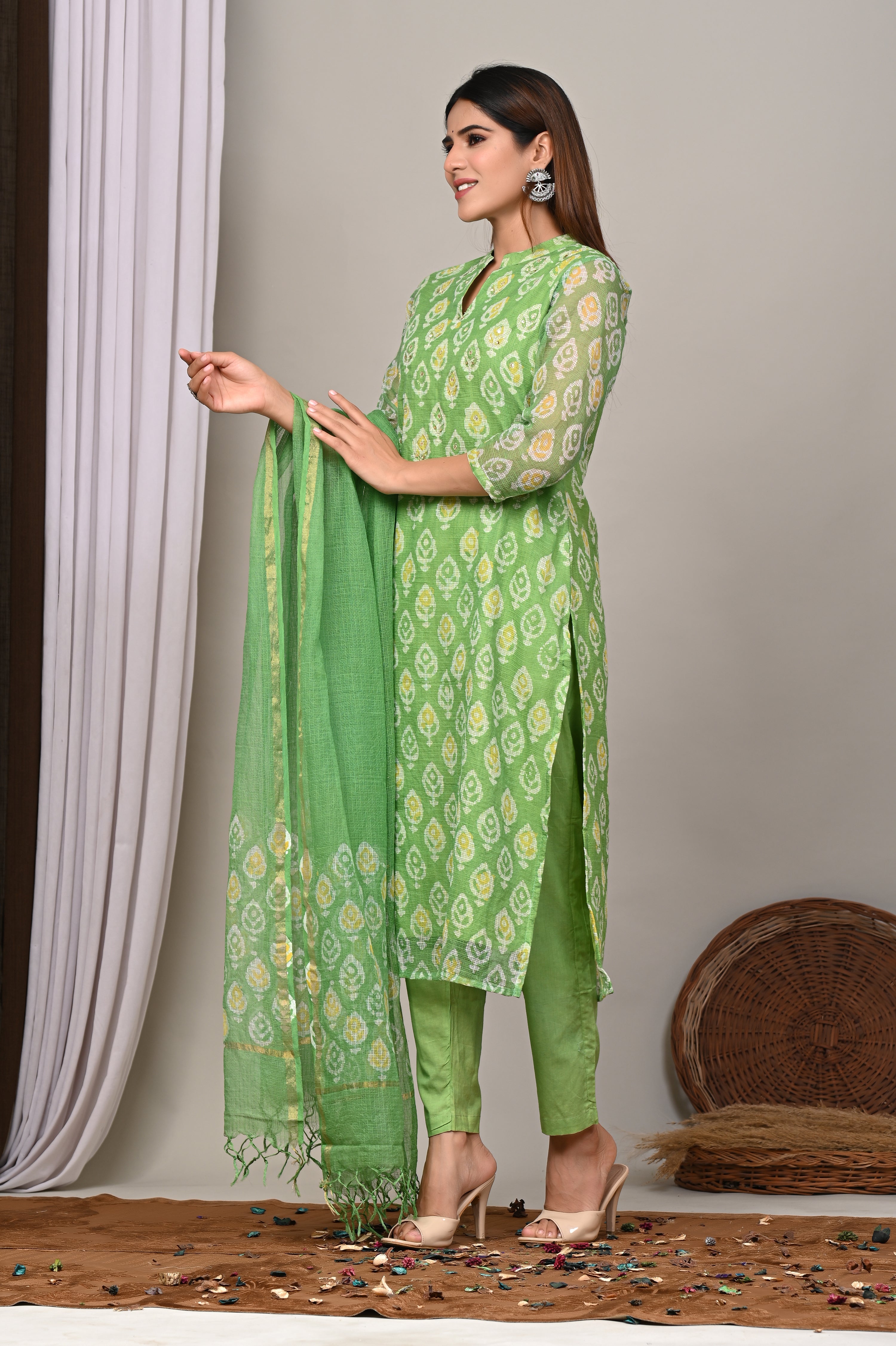 Lime Green Handblock Printed Kota Doria Set