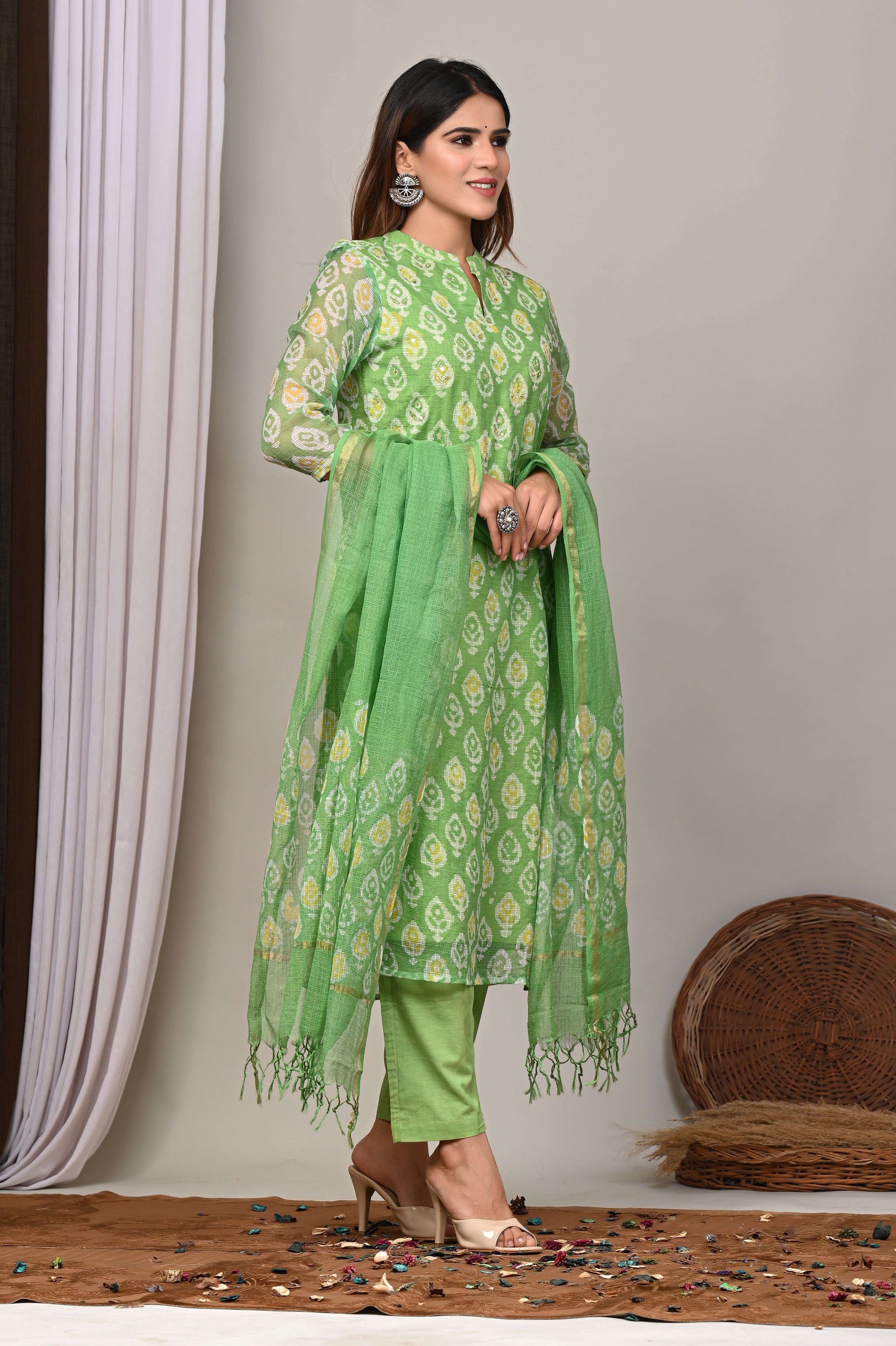 Lime Green Handblock Printed Kota Doria Set