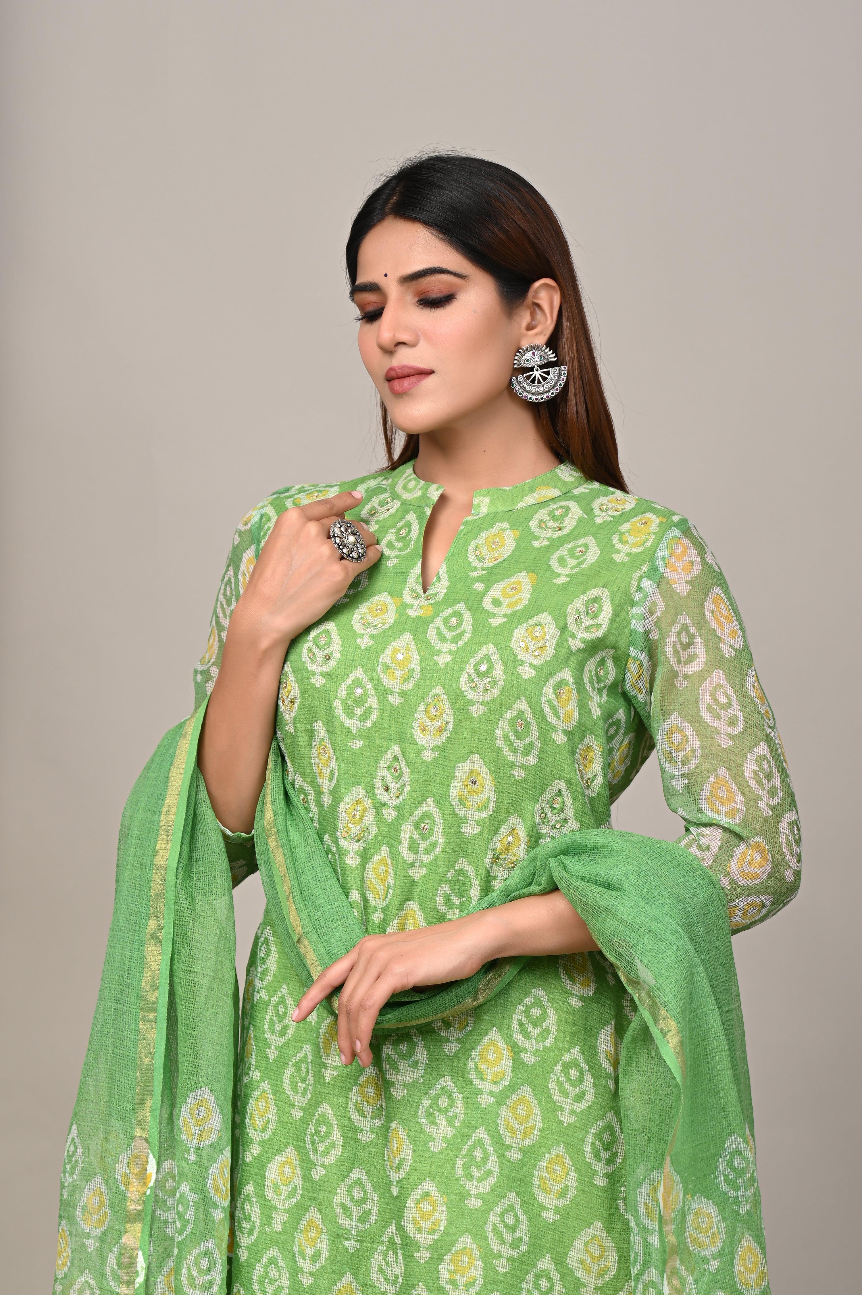 Lime Green Handblock Printed Kota Doria Set