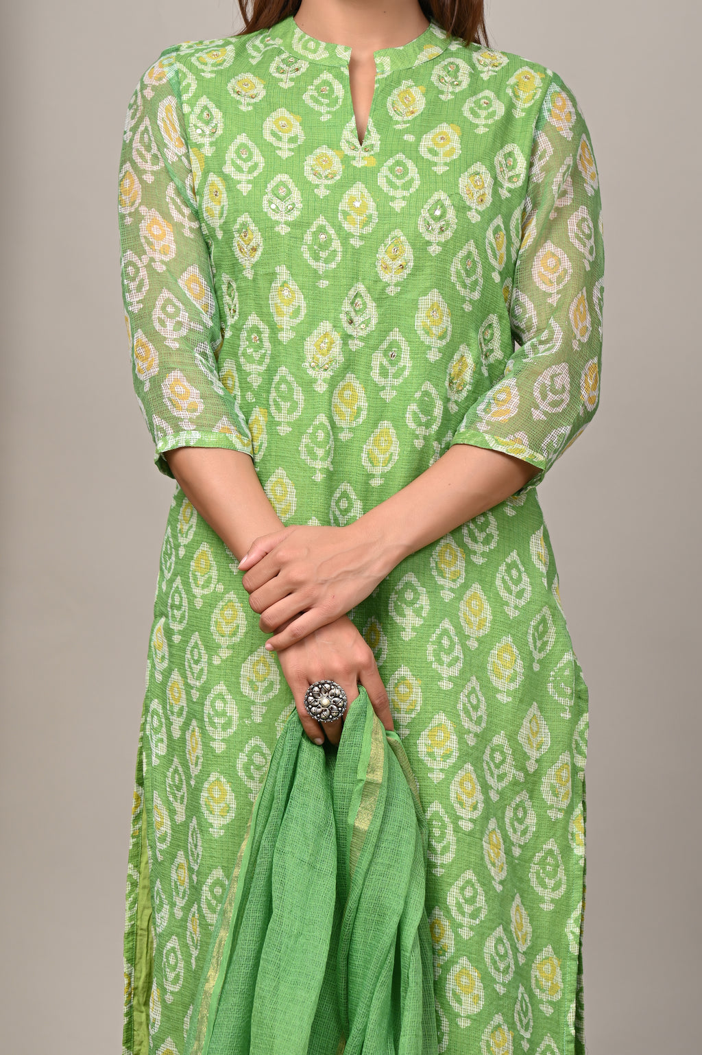 Lime Green Handblock Printed Kota Doria Set