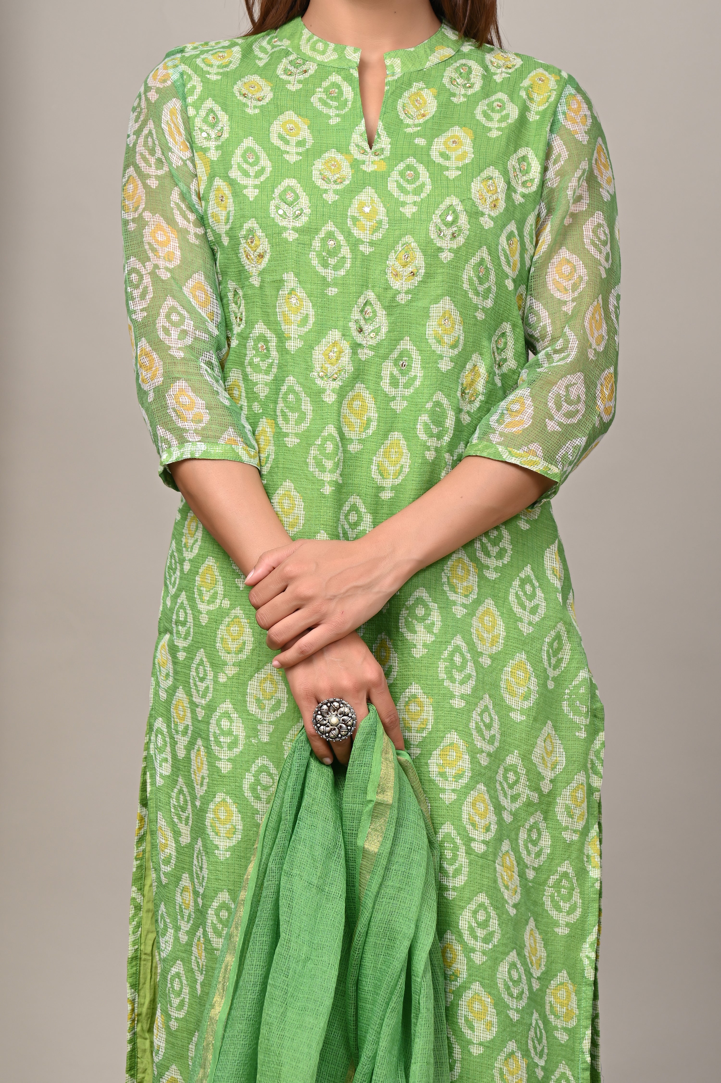 Lime Green Handblock Printed Kota Doria Set