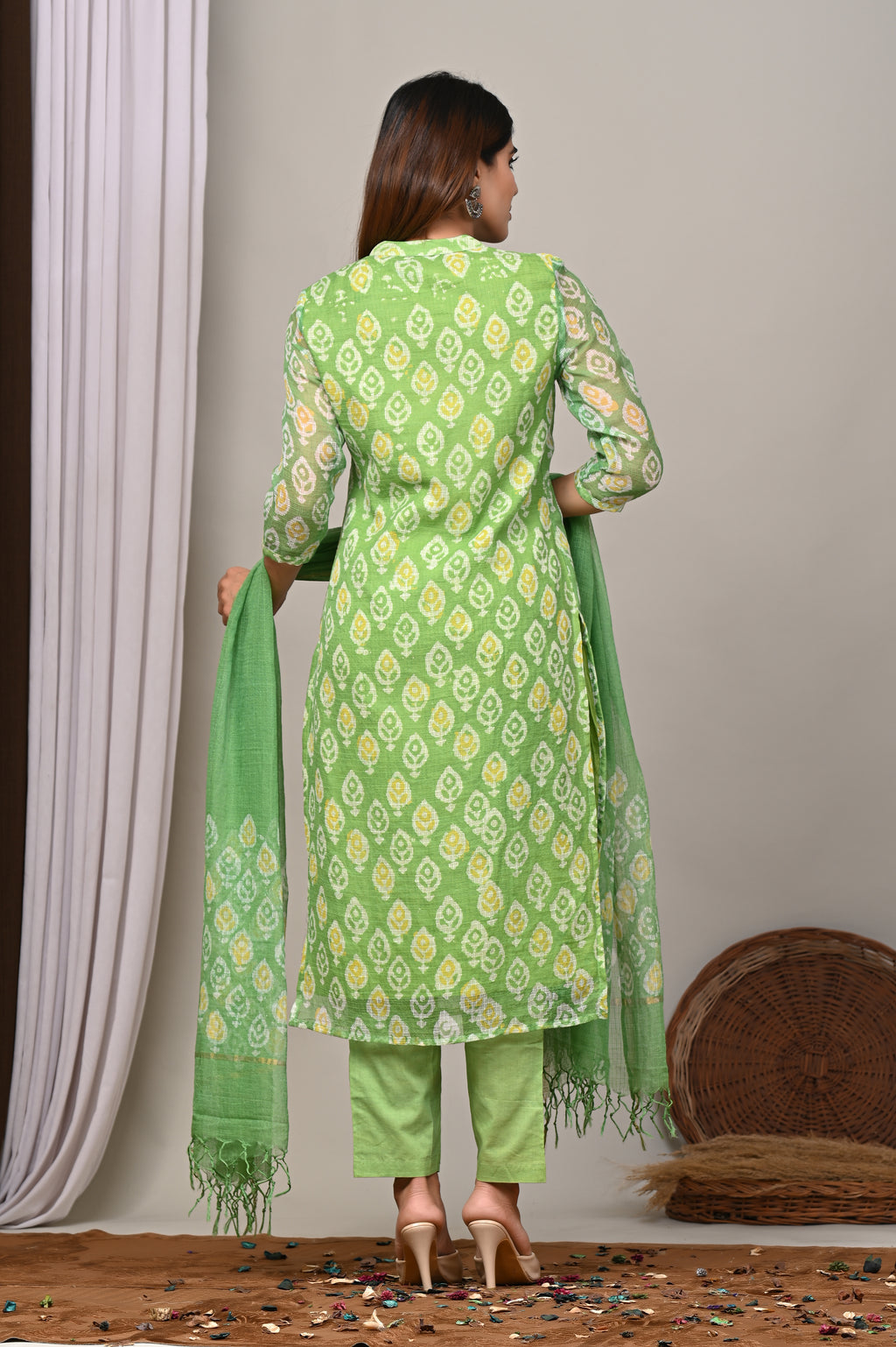 Lime Green Handblock Printed Kota Doria Set