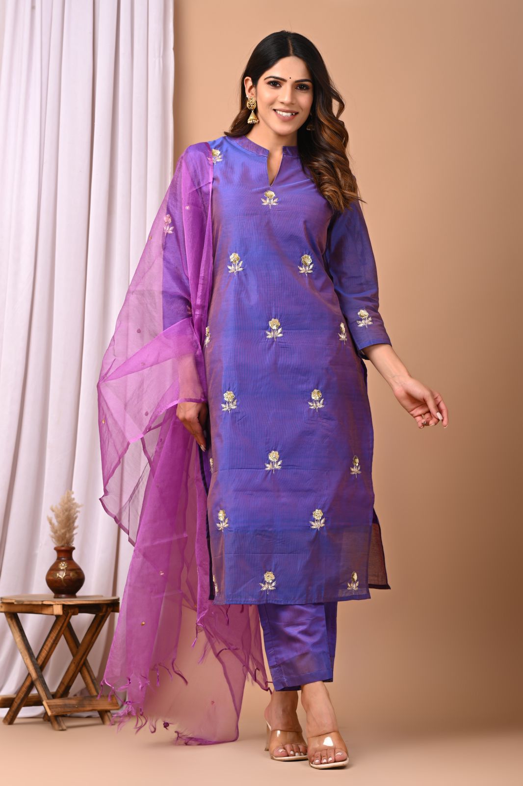 Royal Violet Dual-Tone Hand-Embroidered Chanderi Silk Suit Set