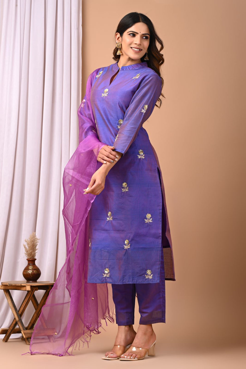 Royal Violet Dual-Tone Hand-Embroidered Chanderi Silk Suit Set