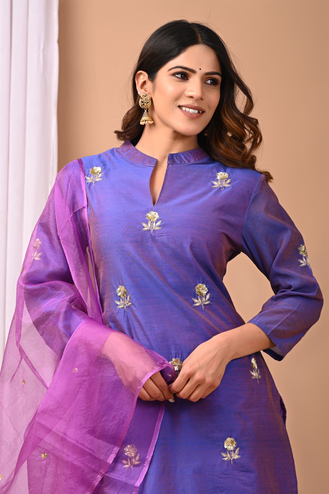 Royal Violet Dual-Tone Hand-Embroidered Chanderi Silk Suit Set