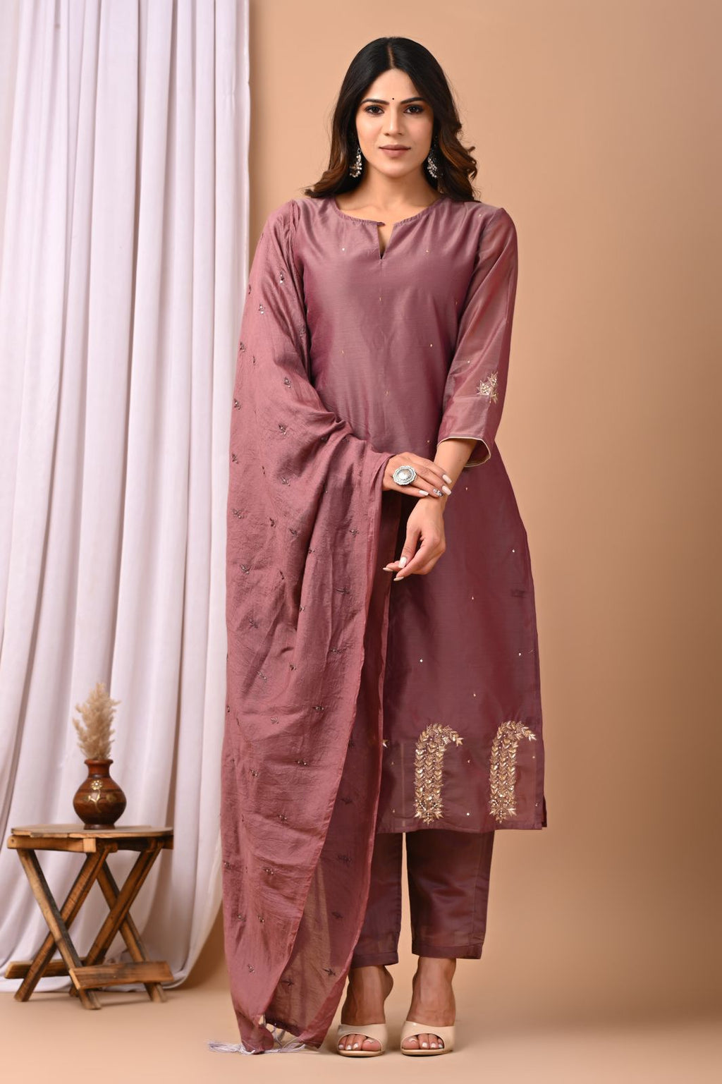 Dusty Plum Heritage Hand-Embroidered Chanderi Silk Suit Set