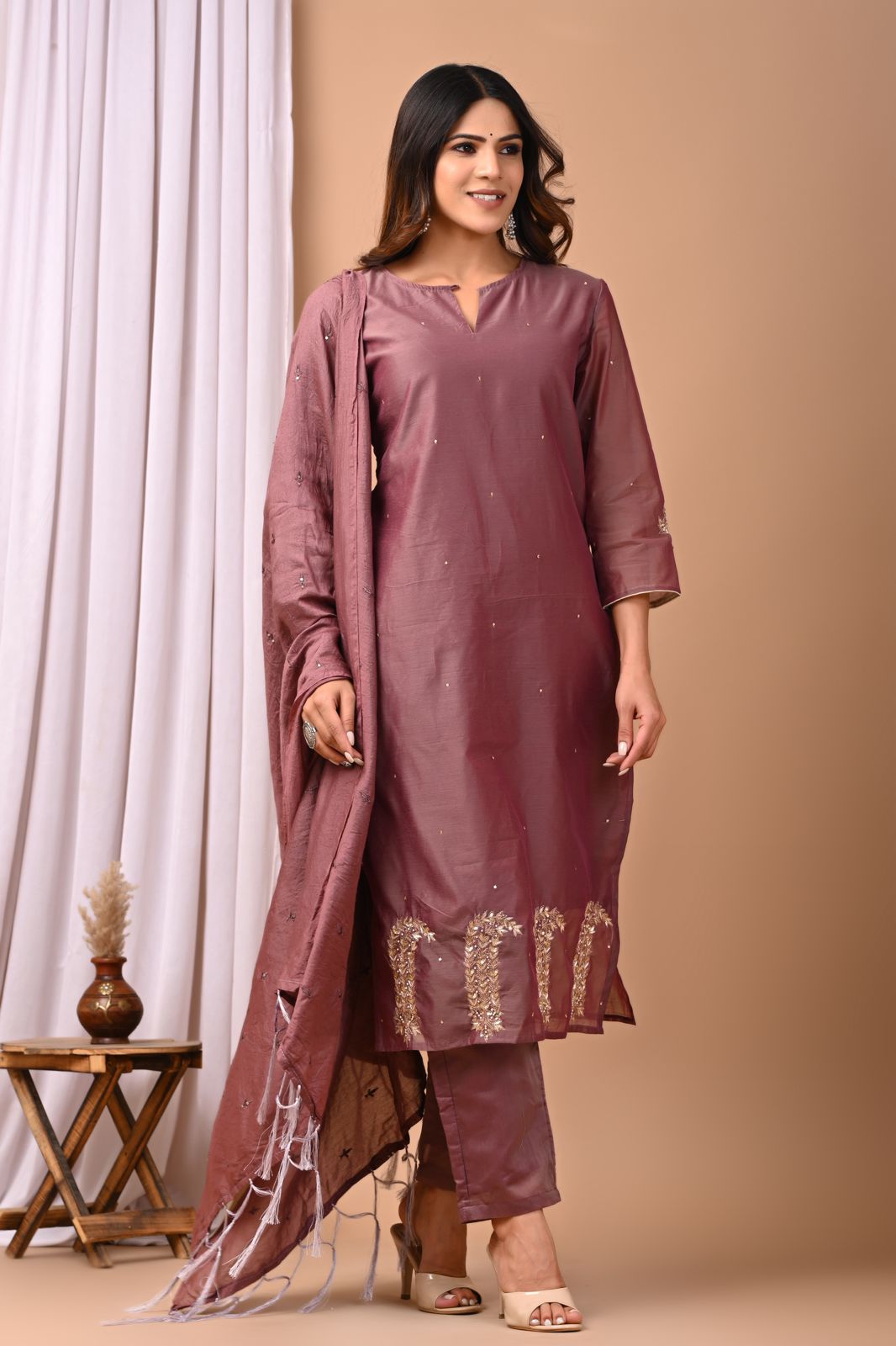 Dusty Plum Heritage Hand-Embroidered Chanderi Silk Suit Set
