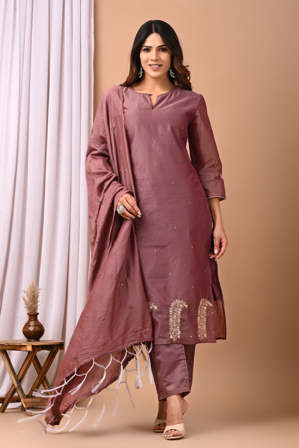 Dusty Plum Heritage Hand-Embroidered Chanderi Silk Suit Set