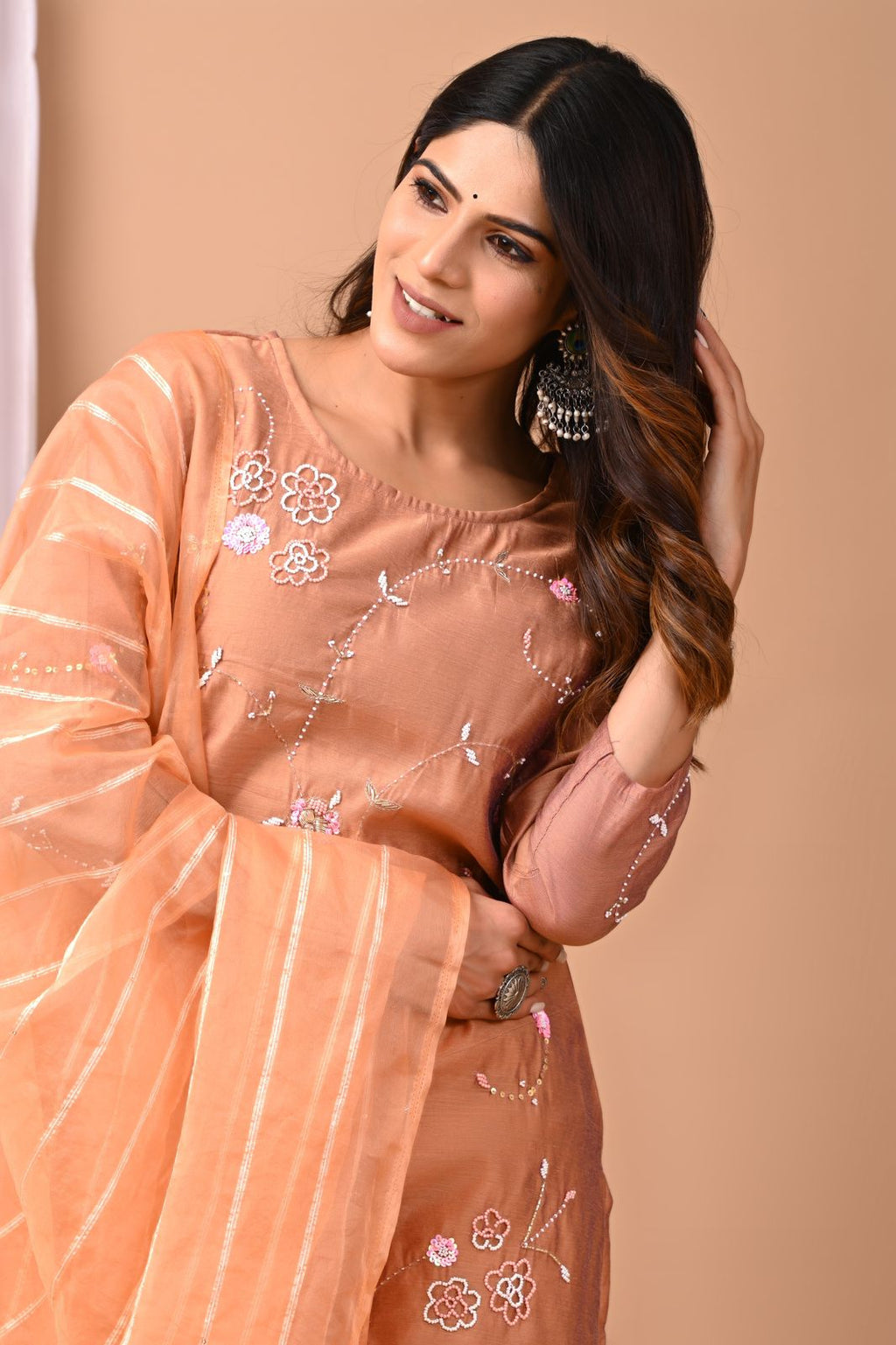 Desert Rose Vine Hand-Embroidered Chanderi Silk Suit Set