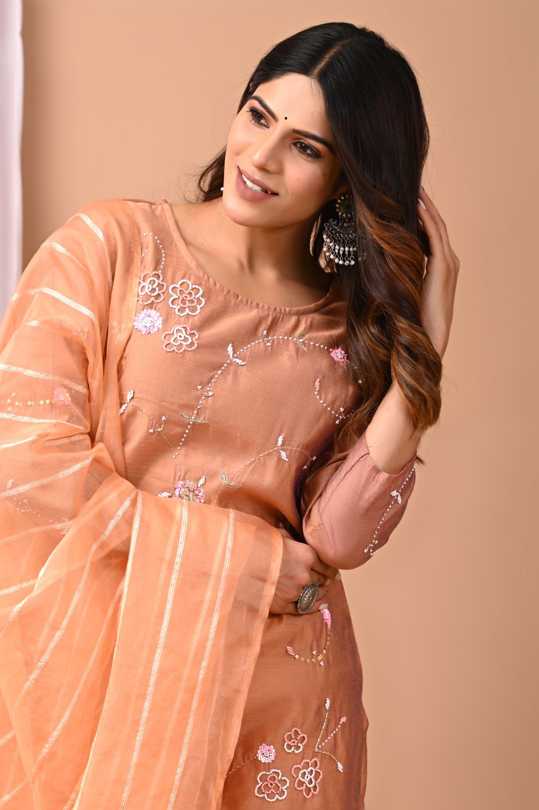 Desert Rose Vine Hand-Embroidered Chanderi Silk Suit Set