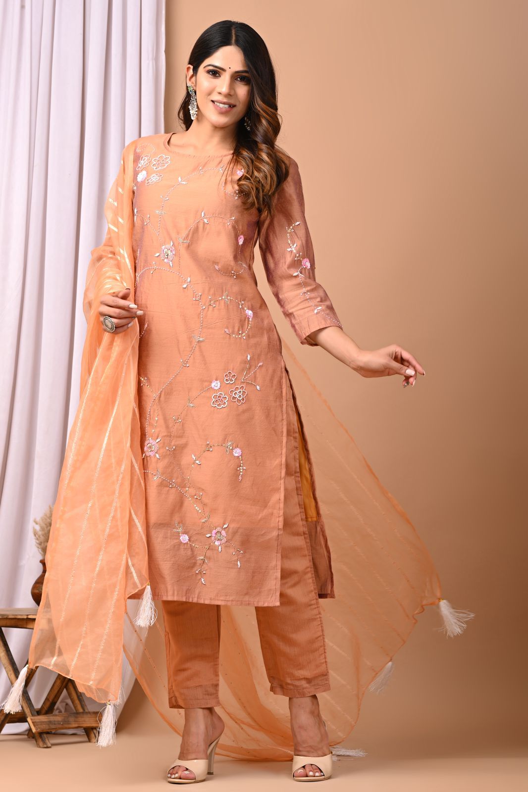 Desert Rose Vine Hand-Embroidered Chanderi Silk Suit Set