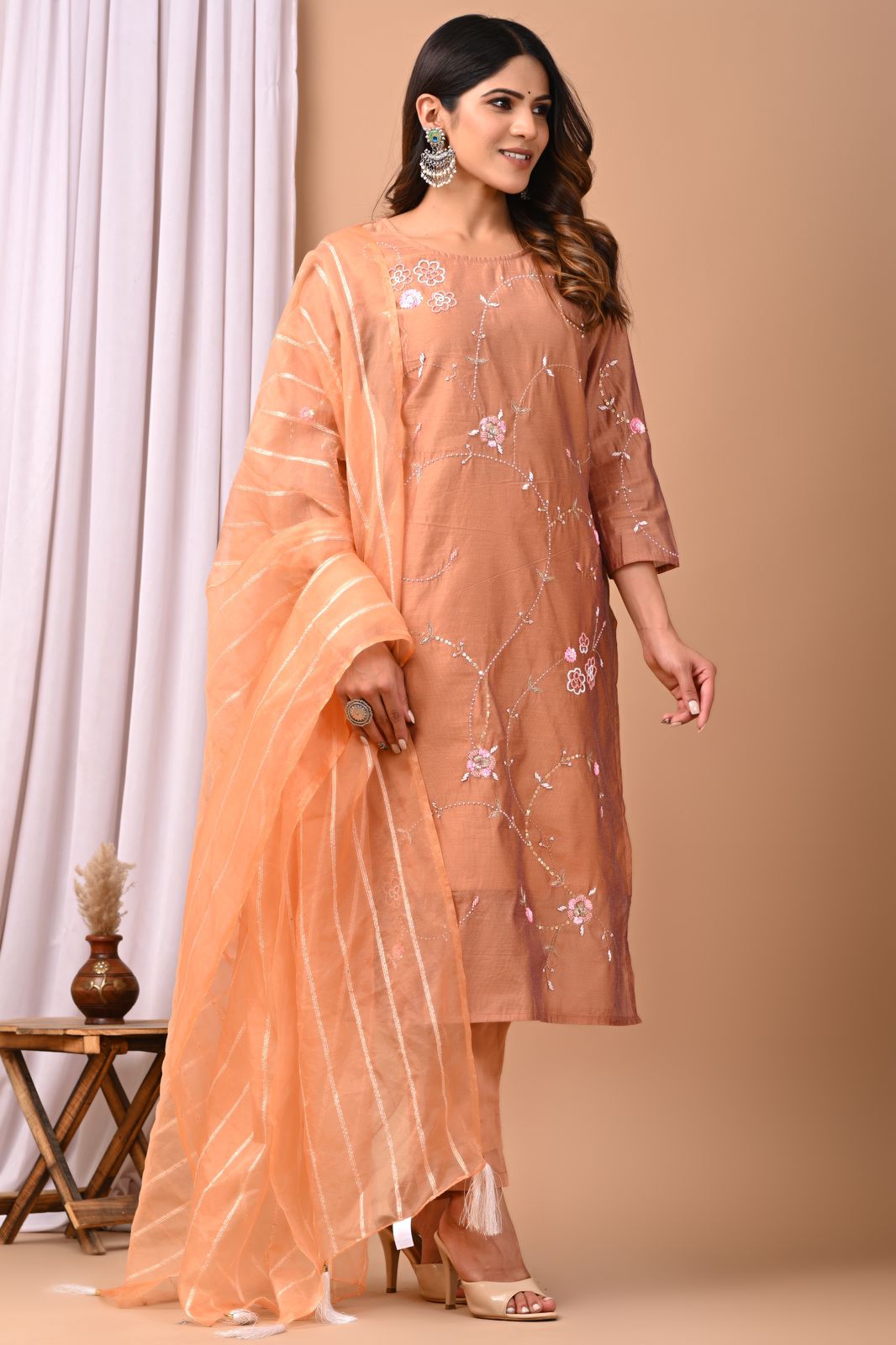 Desert Rose Vine Hand-Embroidered Chanderi Silk Suit Set
