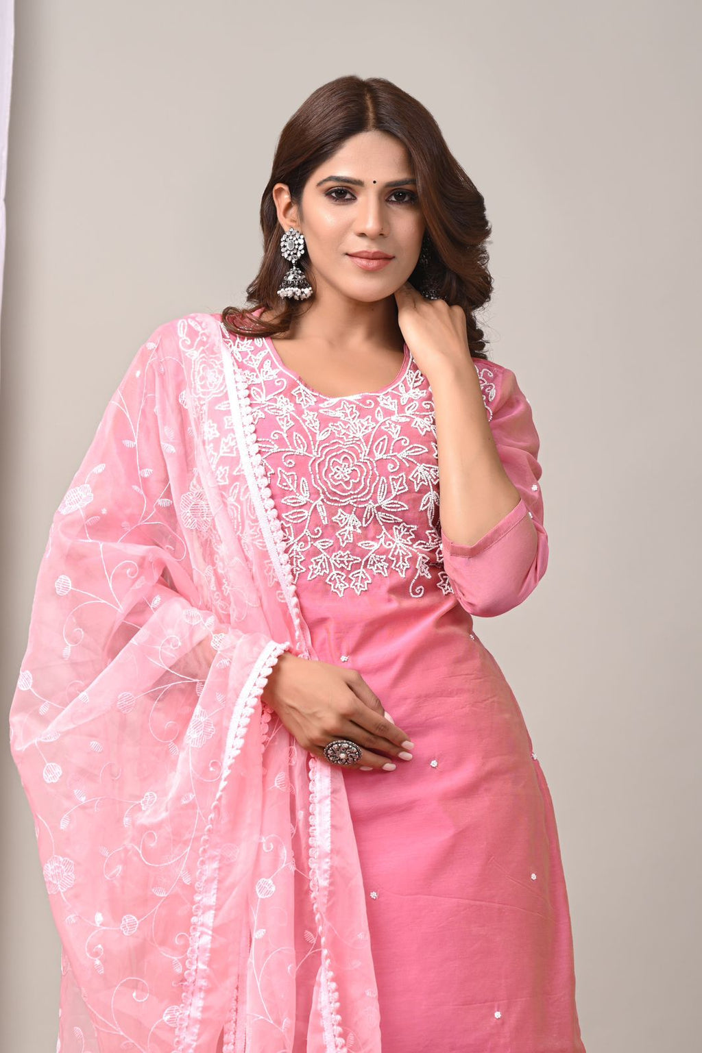 Blossom Pink Hand-Embroidered Chanderi Silk Suit Set