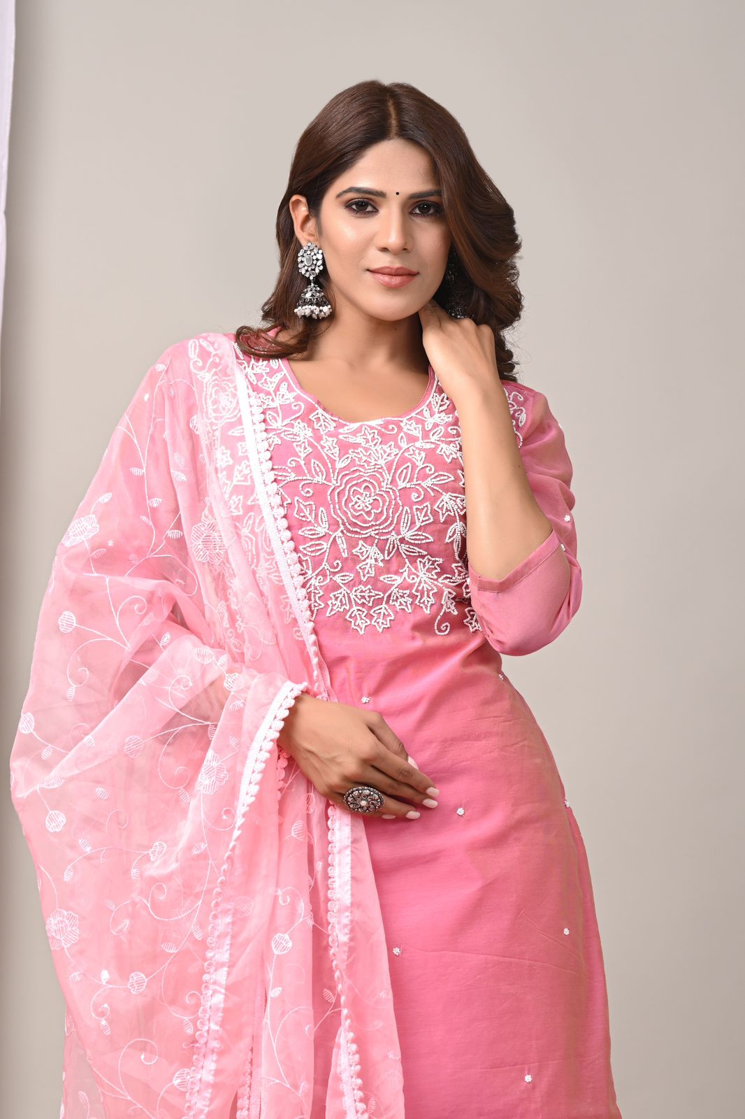 Blossom Pink Hand-Embroidered Chanderi Silk Suit Set