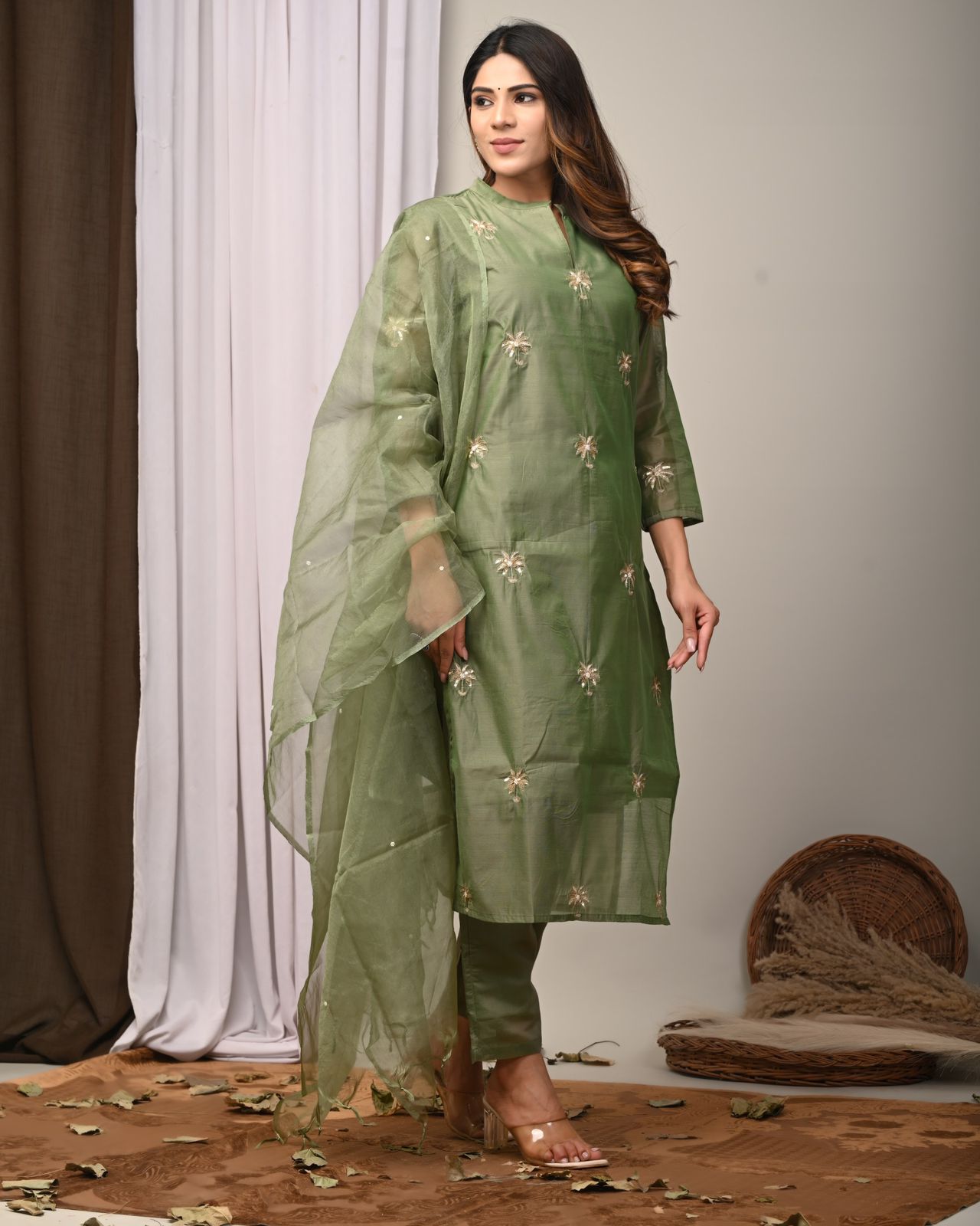 Moss Green Hand-Embroidered Chanderi Silk Suit Set