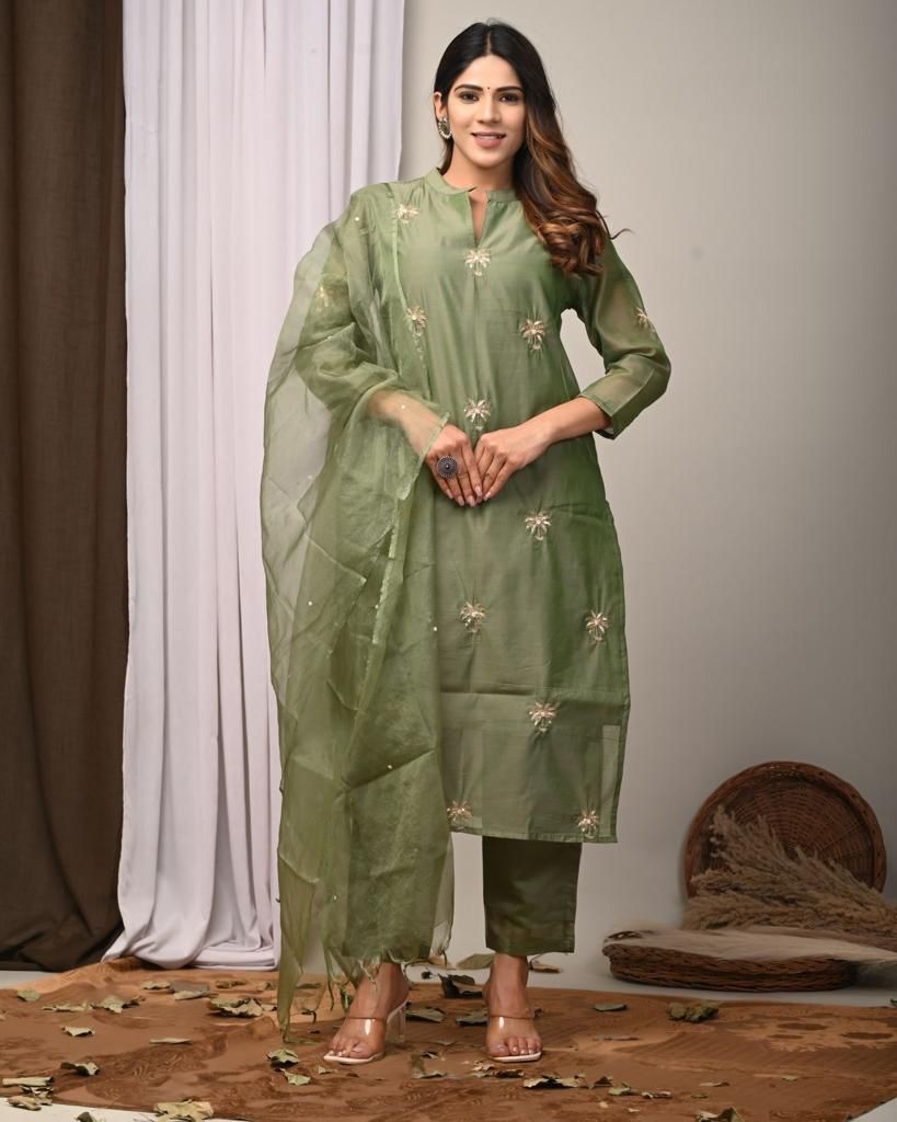 Moss Green Hand-Embroidered Chanderi Silk Suit Set