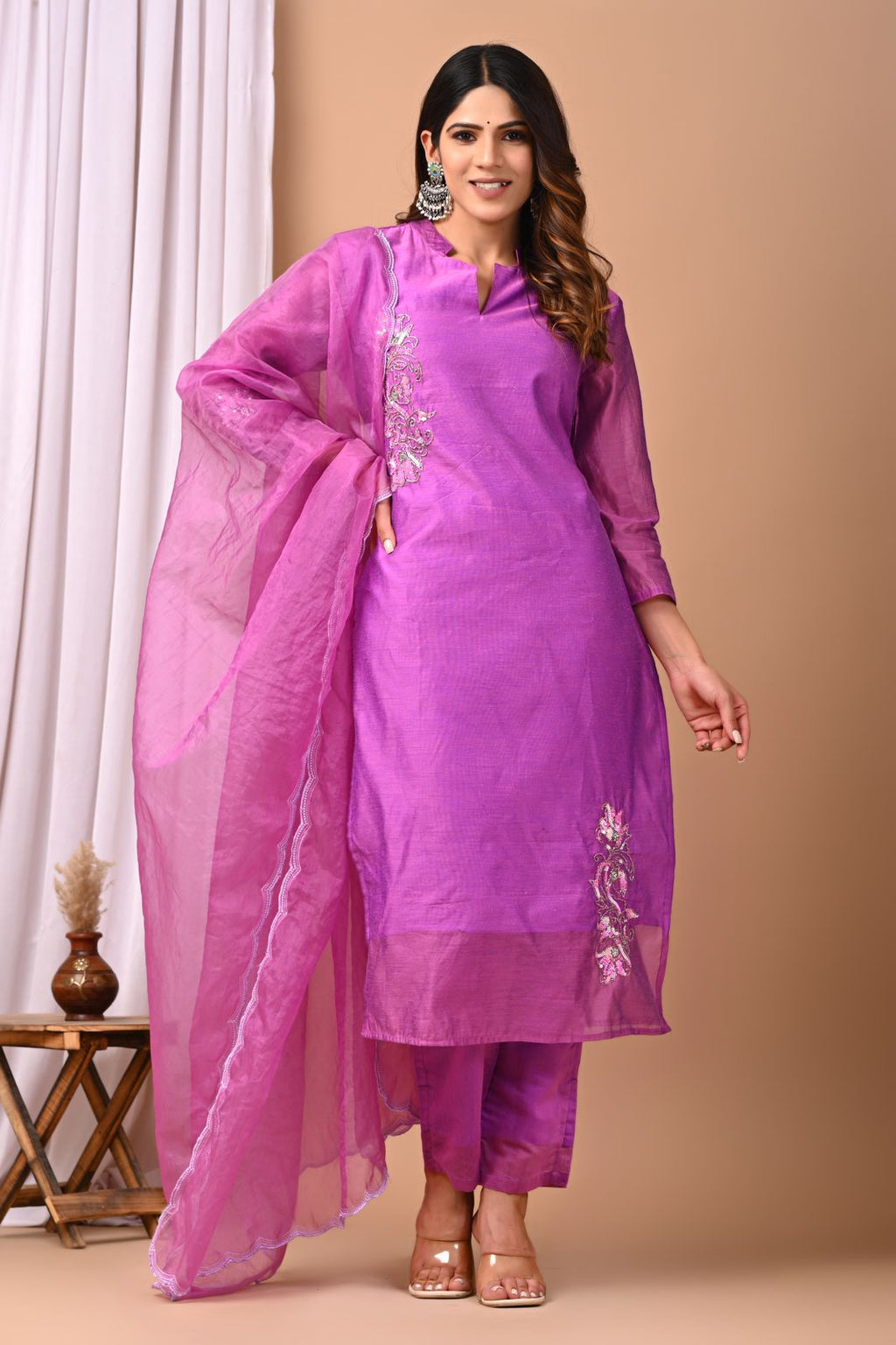 Orchid Bloom Hand-Embroidered Chanderi Silk Suit Set