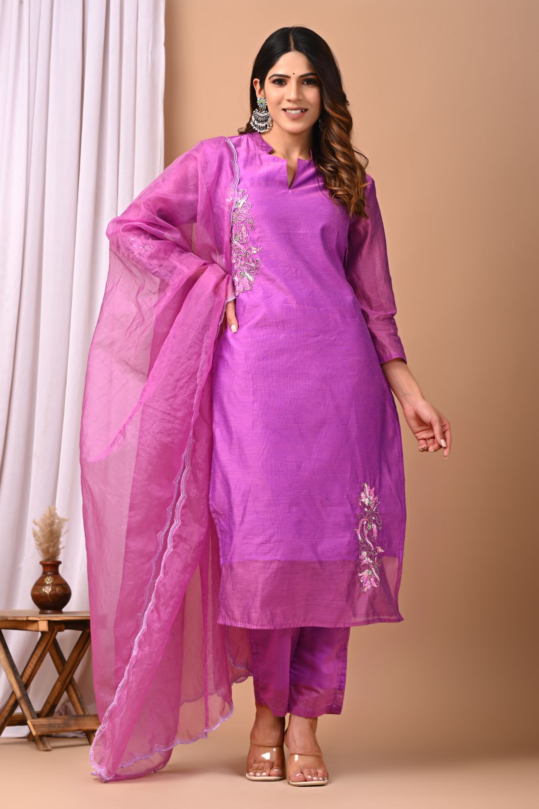 Orchid Bloom Hand-Embroidered Chanderi Silk Suit Set