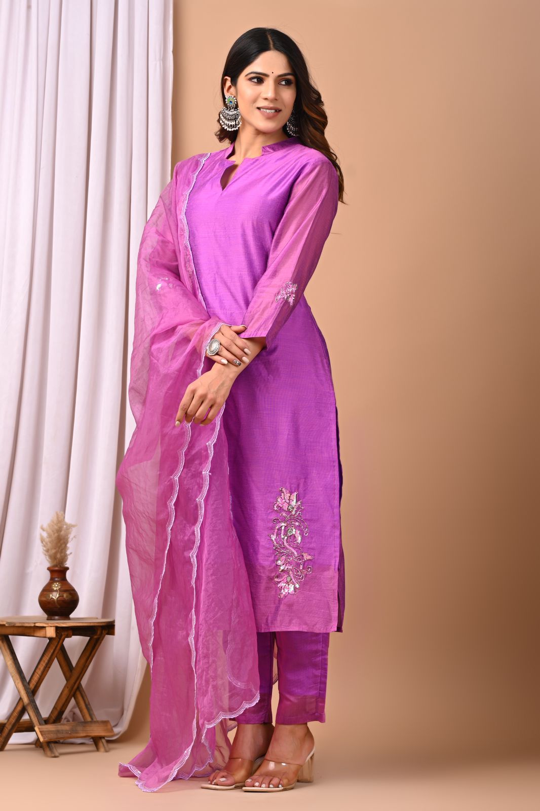 Orchid Bloom Hand-Embroidered Chanderi Silk Suit Set