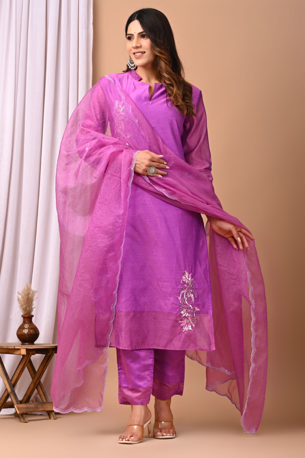 Orchid Bloom Hand-Embroidered Chanderi Silk Suit Set