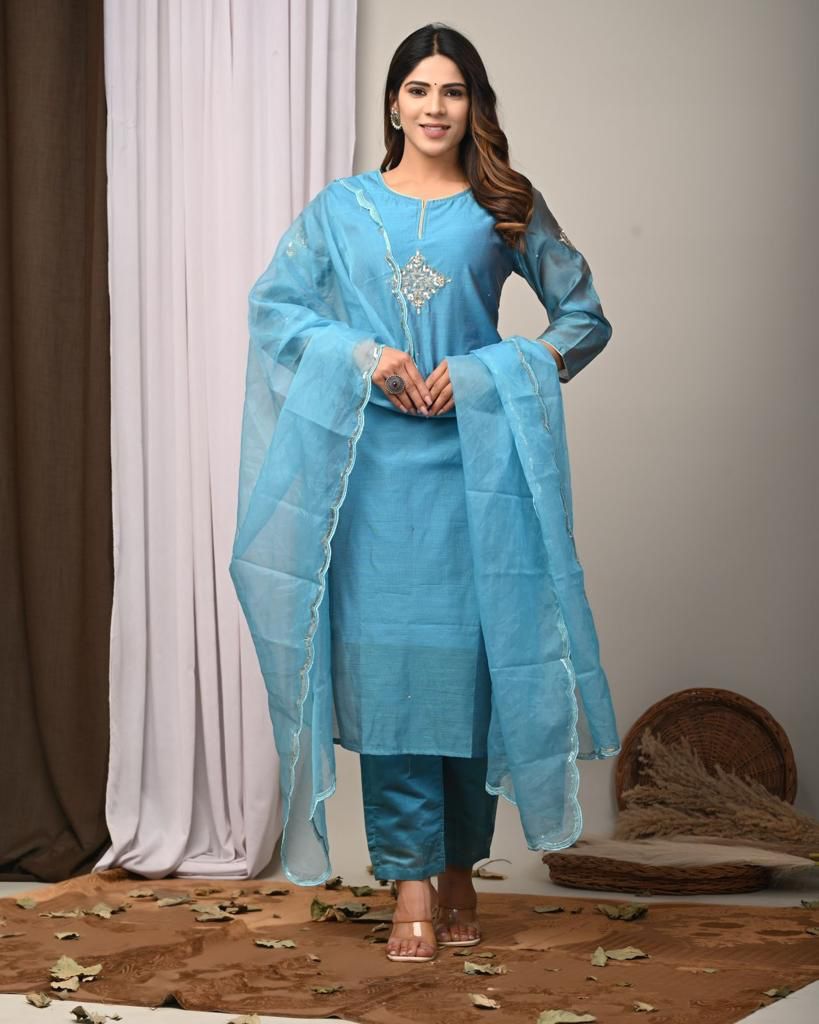 Cerulean Medallion Hand-Embroidered Chanderi Silk Suit Set