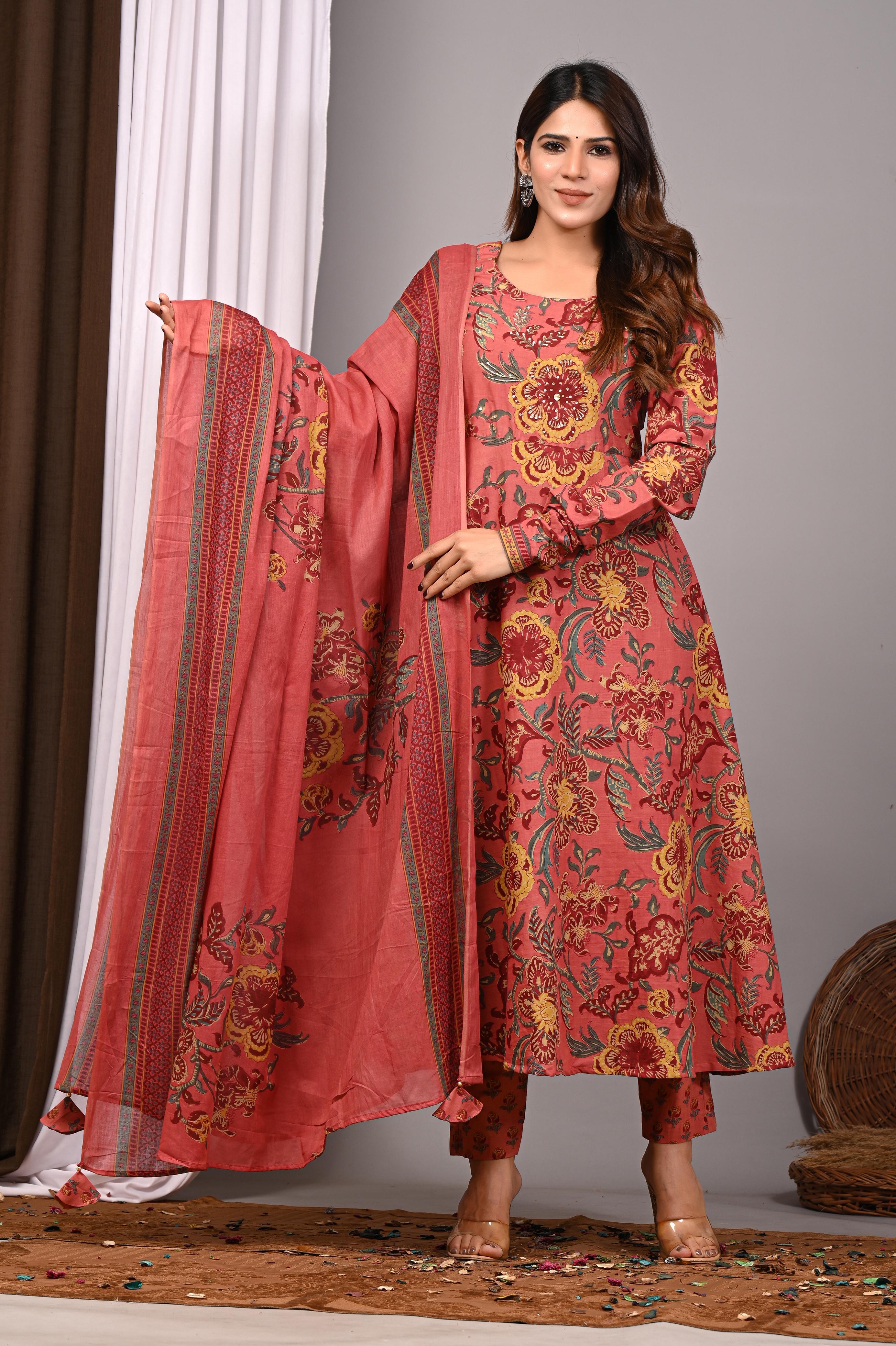 Tuscan Ruby Sanganeri Cotton A-Line Sundress Set