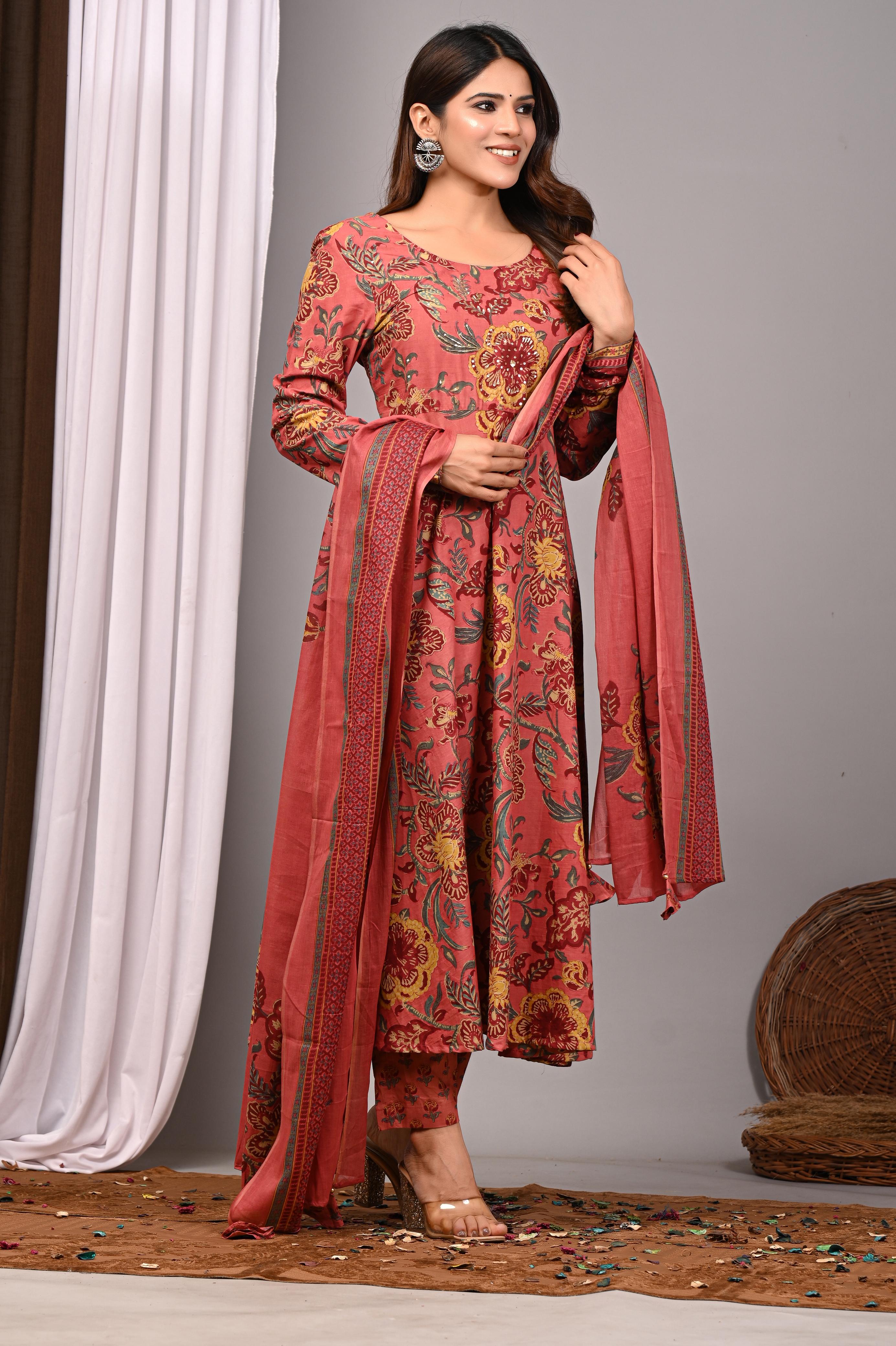 Tuscan Ruby Sanganeri Cotton A-Line Sundress Set